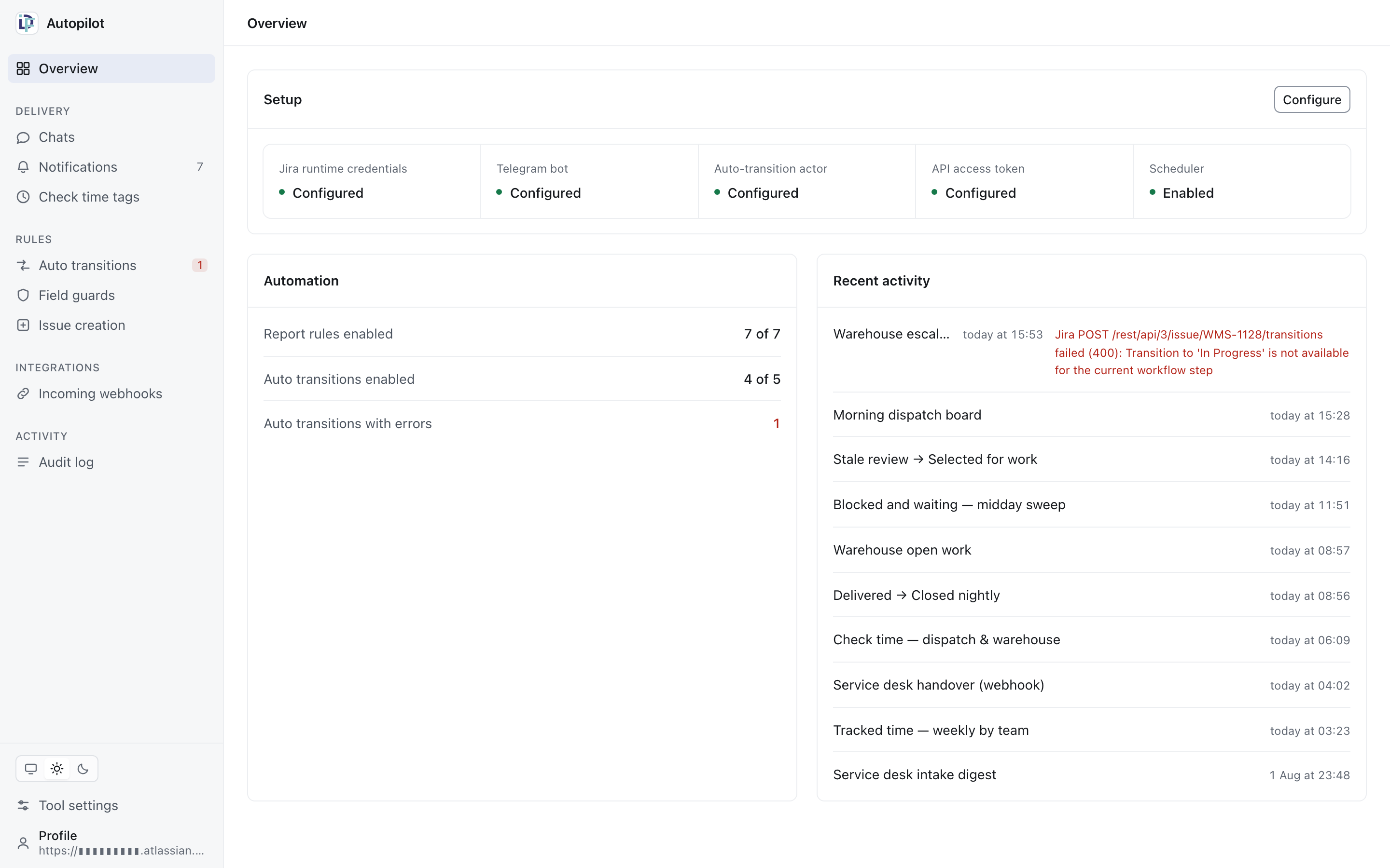 The tool’s overview screen: setup status across five checks, counts of enabled rules, and a recent-activity list where one failed run is highlighted in red.