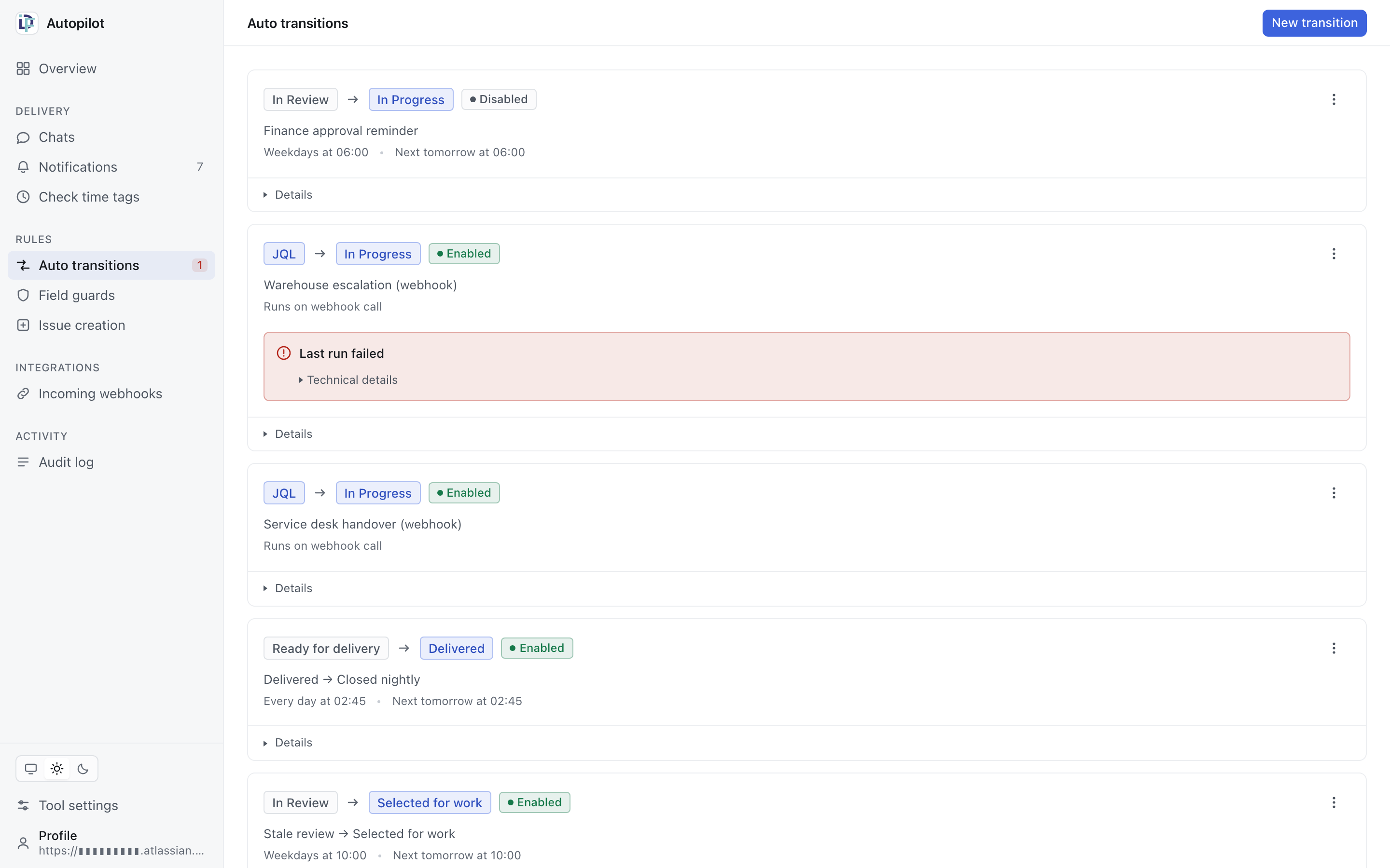 A list of automation rules, each showing a source status, an arrow, a target status, and an enabled or disabled badge.