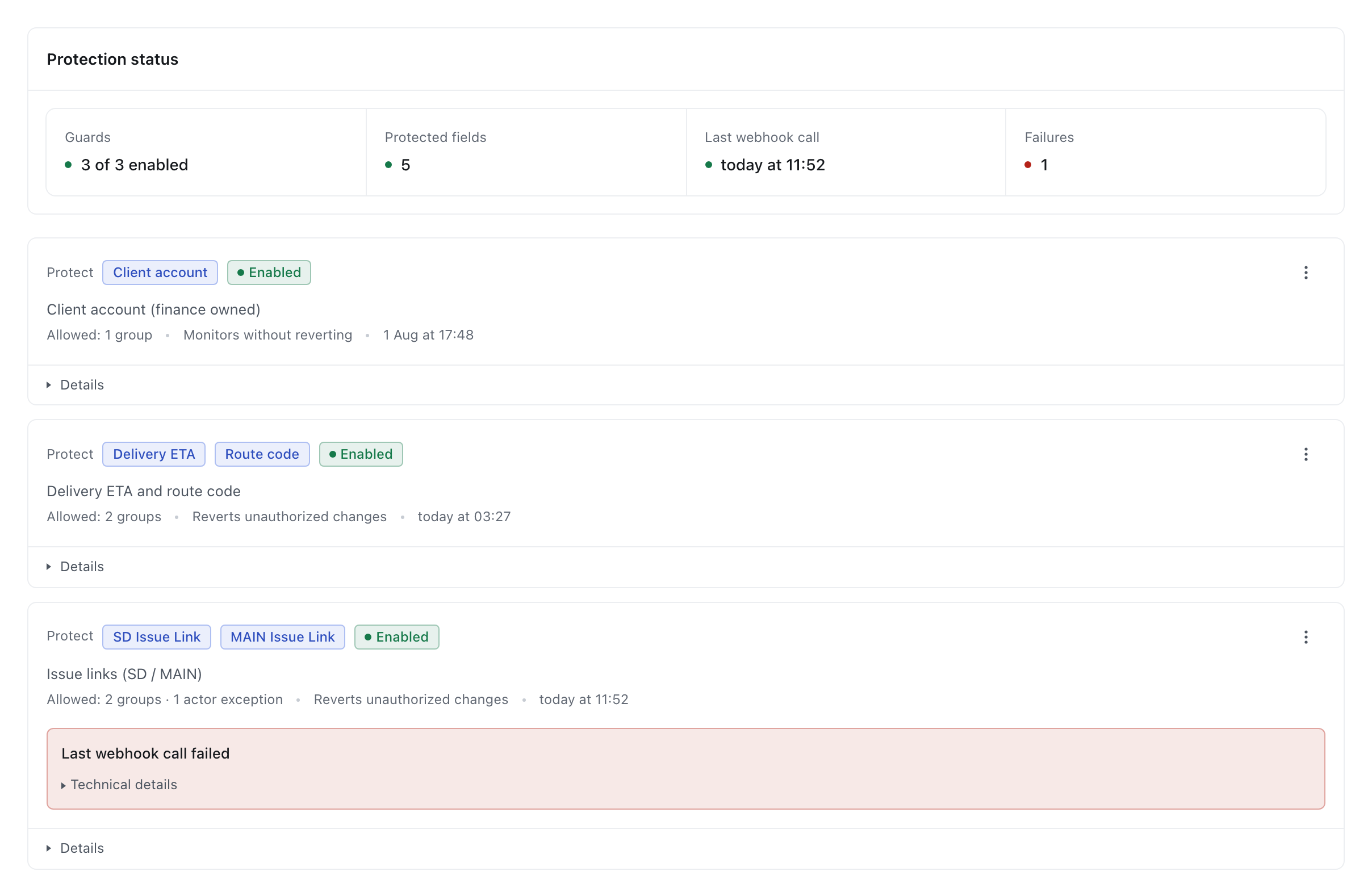 The field guards screen: a status panel counting guards, protected fields and failures, then three rules listing which fields they protect, who may change them and whether they revert.
